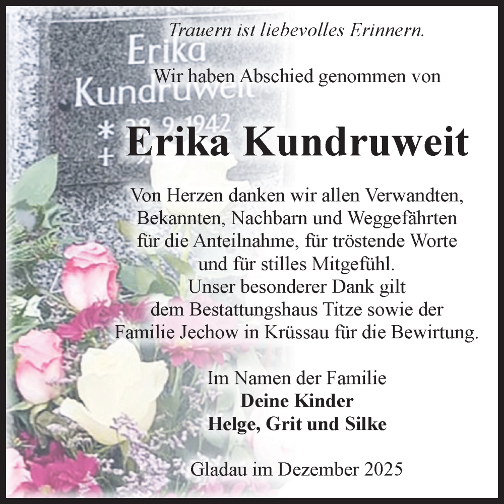  Traueranzeige für Erika Kundruweit vom 20.12.2025 aus Volksstimme Burg/Genthin
