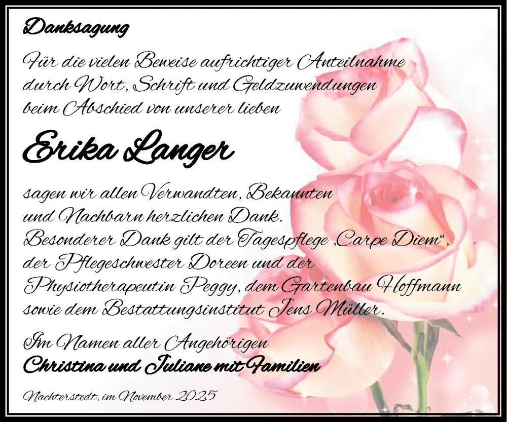  Traueranzeige für Erika Langer vom 29.11.2025 aus Trauerkombi Aschersleben