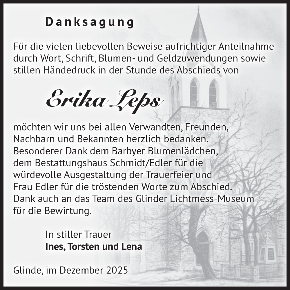  Traueranzeige für Erika Leps vom 27.12.2025 aus Volksstimme Schönebeck
