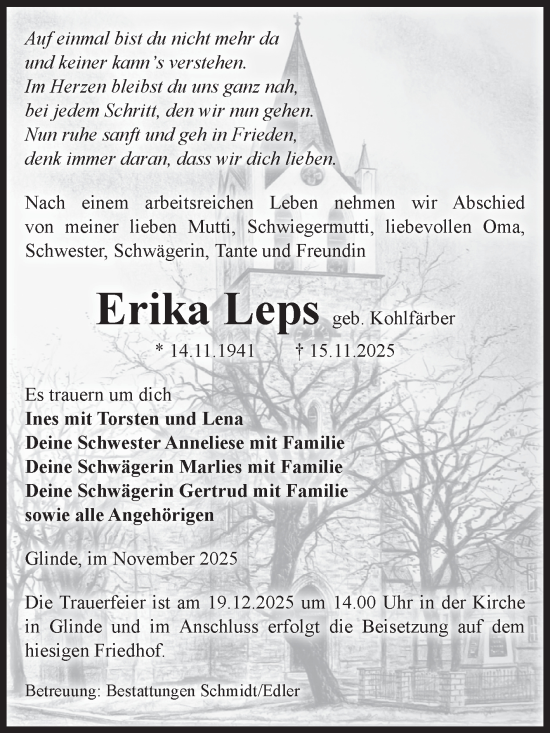 Traueranzeige von Erika Leps von Volksstimme Schönebeck
