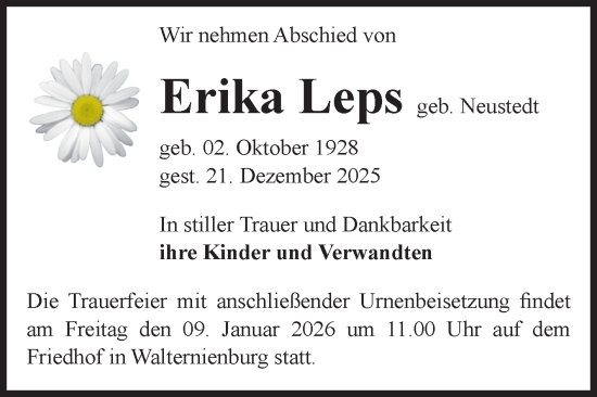 Traueranzeige von Erika Leps von Volksstimme Zerbst