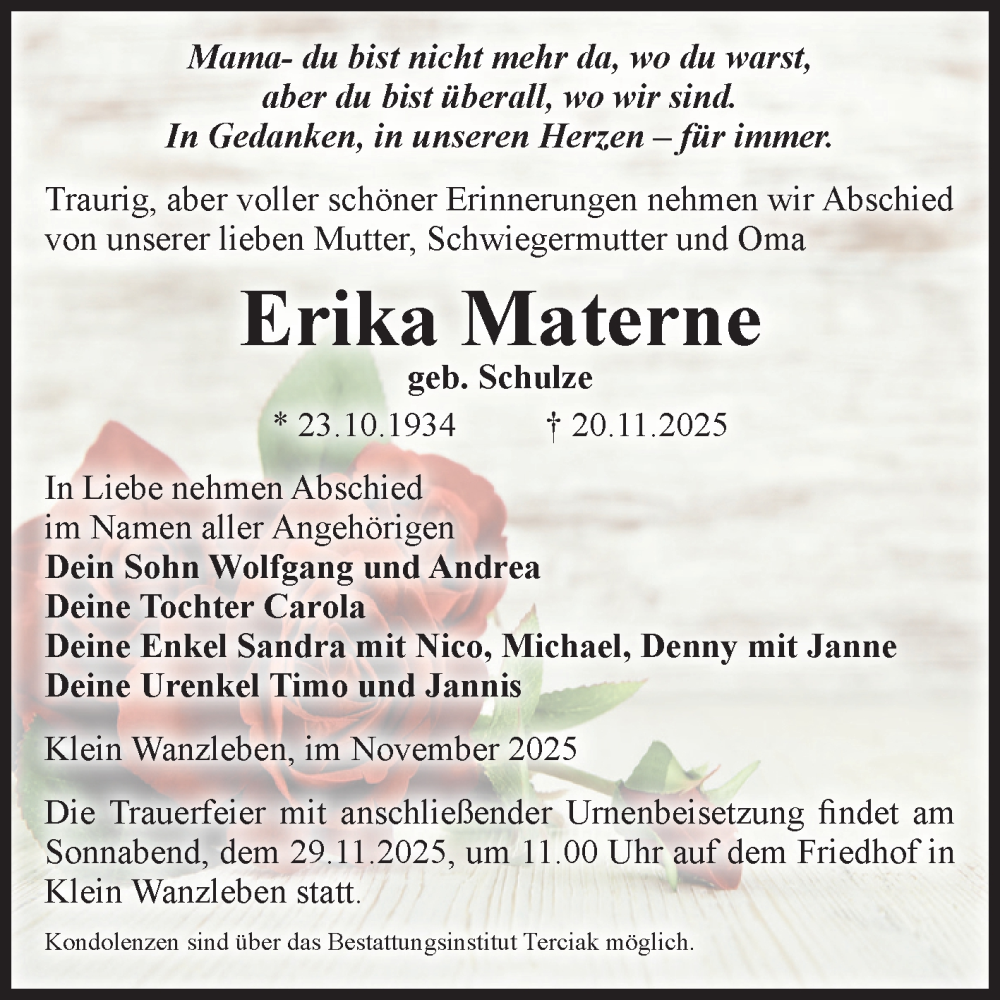  Traueranzeige für Erika Materne vom 25.11.2025 aus Volksstimme Oschersleben/Wanzleben