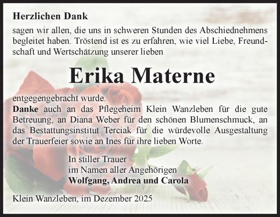 Traueranzeige von Erika Materne von Volksstimme Oschersleben/Wanzleben