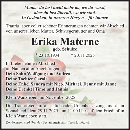 Traueranzeige von Erika Materne von Volksstimme Oschersleben/Wanzleben