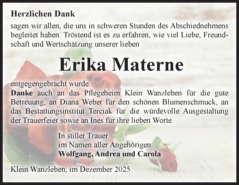  Traueranzeige für Erika Materne vom 06.12.2025 aus Volksstimme Oschersleben/Wanzleben
