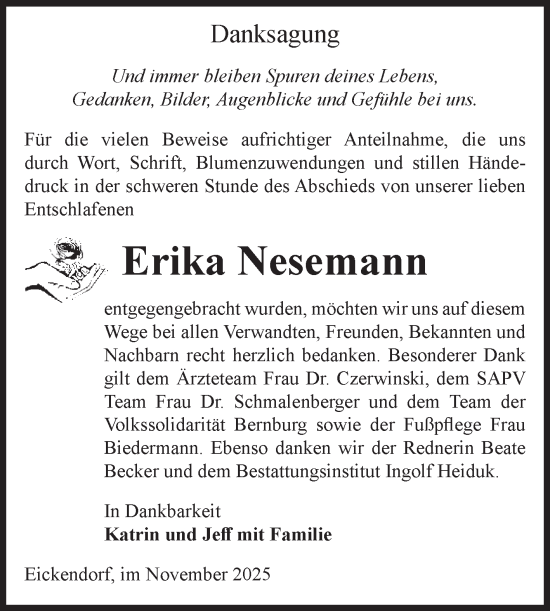 Traueranzeige von Erika Nesemann von Volksstimme Schönebeck