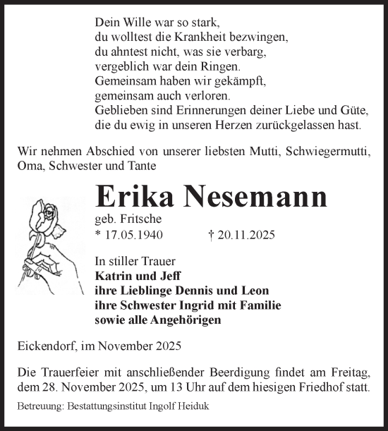 Traueranzeige von Erika Nesemann von Volksstimme Schönebeck