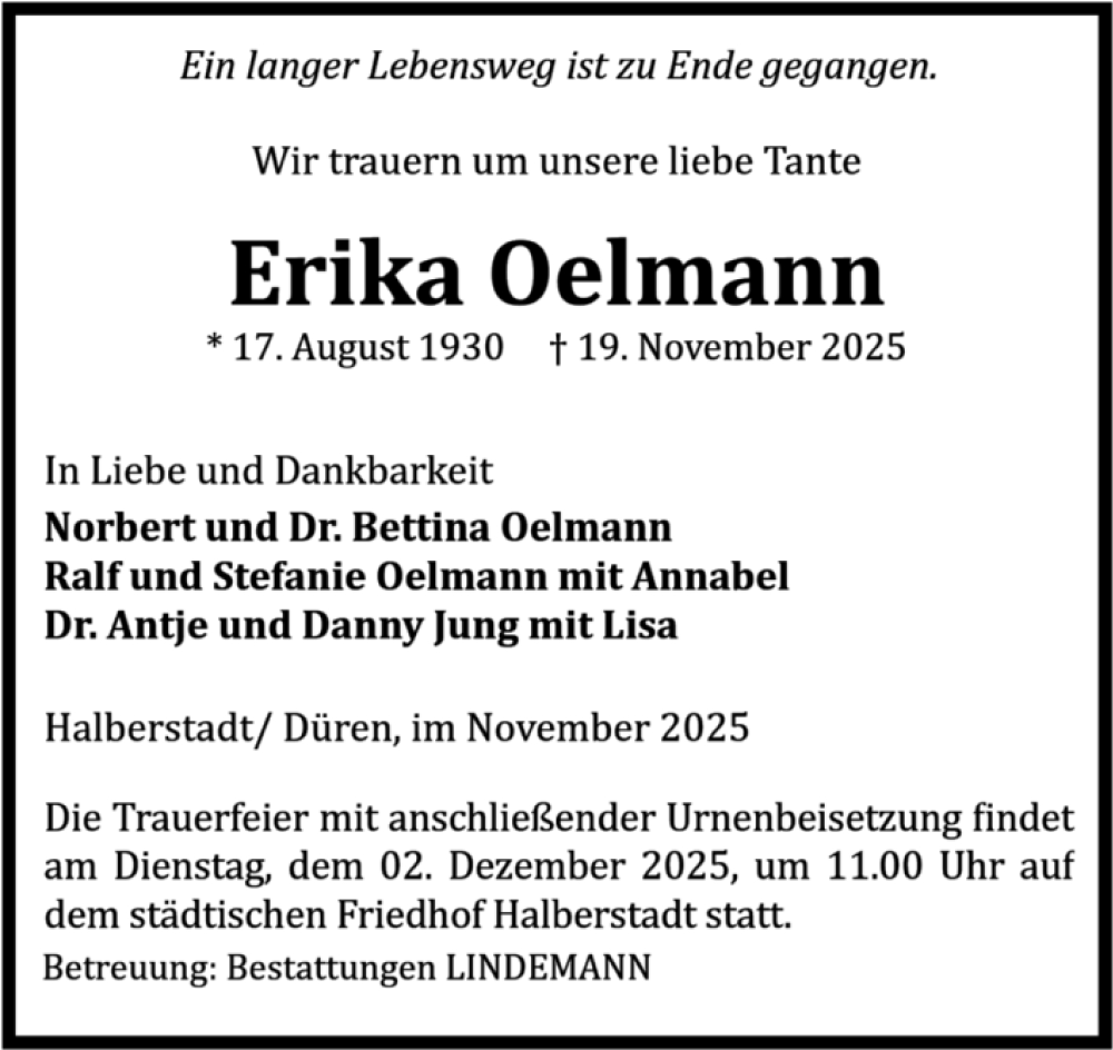  Traueranzeige für Erika Oelmann vom 29.11.2025 aus Volksstimme Halberstadt
