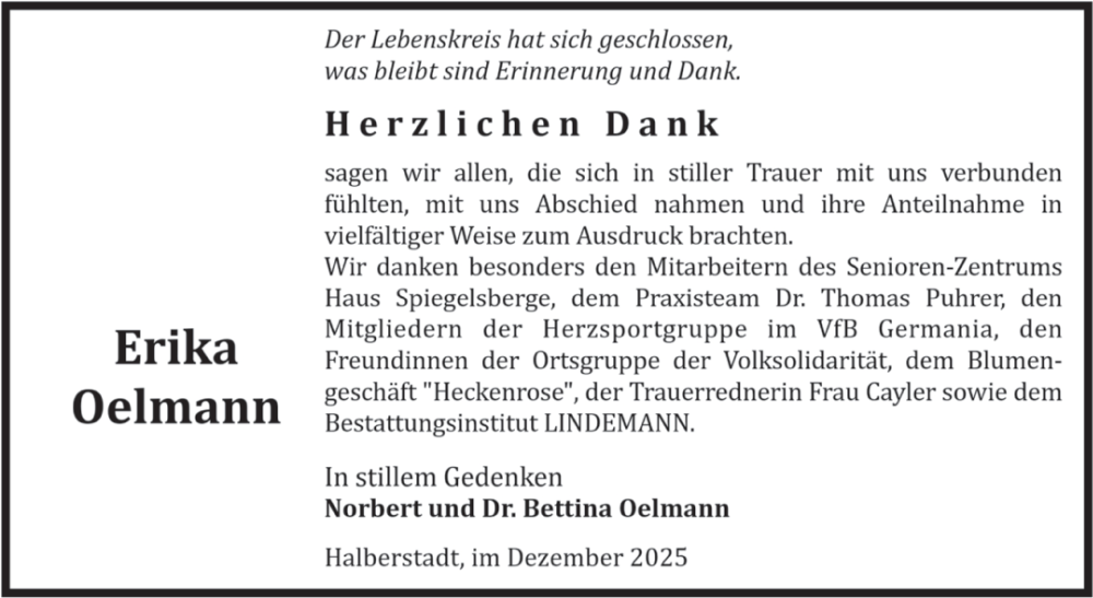 Traueranzeige für Erika Oelmann vom 06.12.2025 aus Volksstimme Halberstadt