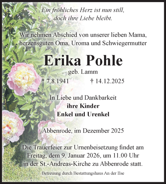 Traueranzeige von Erika Pohle von Volksstimme Wernigerode
