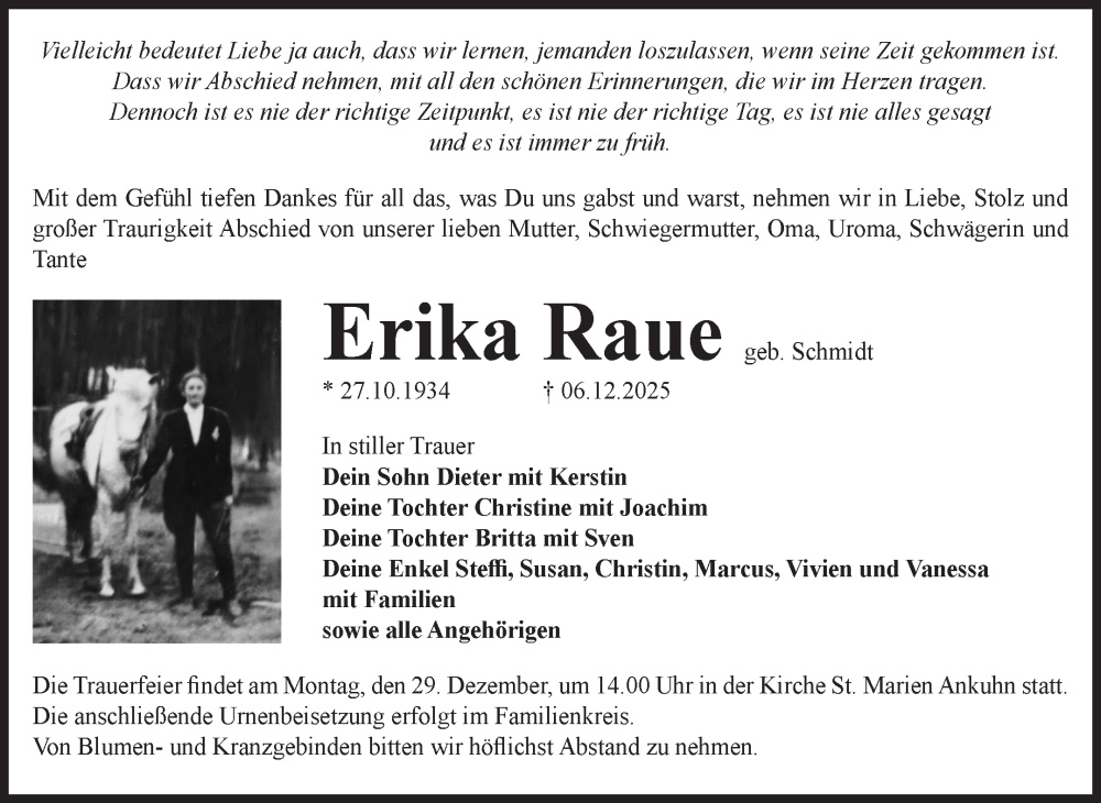  Traueranzeige für Erika Raue vom 13.12.2025 aus Volksstimme Zerbst