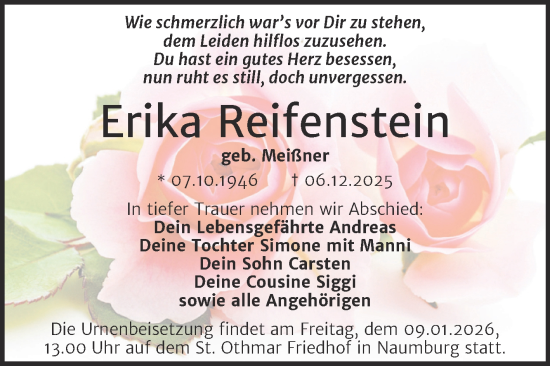 Traueranzeige von Erika Reifenstein von Super Sonntag Naumburg/Nebra