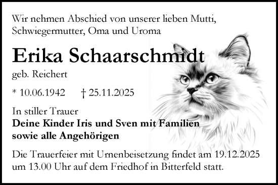 Traueranzeige von Erika Schaarschmidt von Trauerkombi Bitterfeld