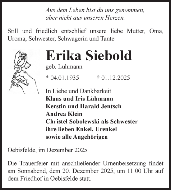 Traueranzeige von Erika Siebold von Volksstimme Altmark West