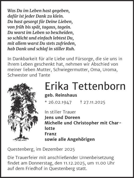 Traueranzeige von Erika Tettenborn von Trauerkombi Sangerhausen