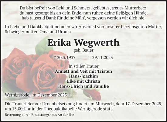 Traueranzeige von Erika Wegwerth von Volksstimme Wernigerode