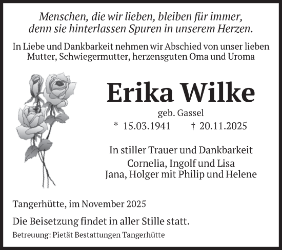 Traueranzeige von Erika Wilke von Volksstimme Altmark Ost