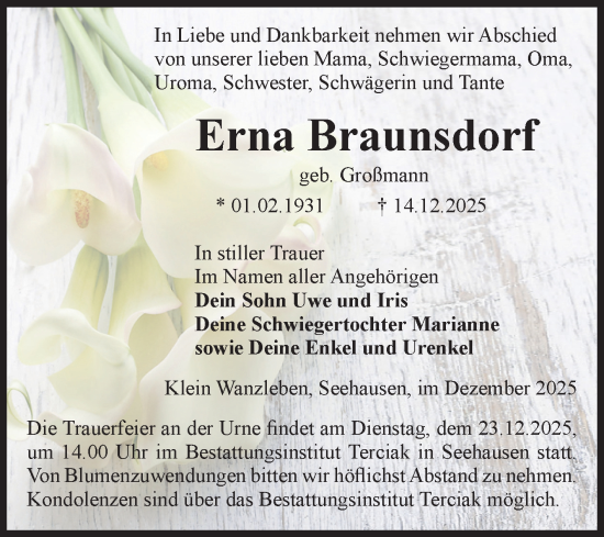 Traueranzeige von Erna Braunsdorf von Volksstimme Oschersleben/Wanzleben