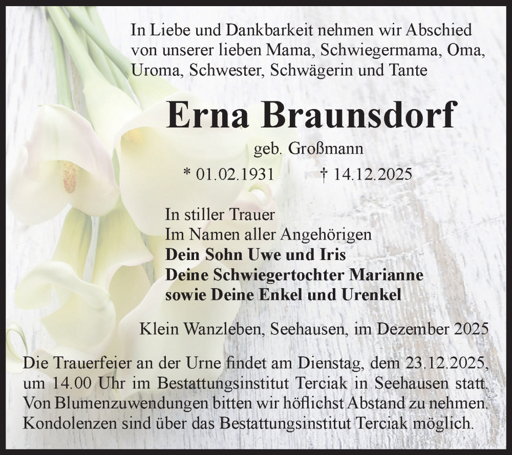  Traueranzeige für Erna Braunsdorf vom 20.12.2025 aus Volksstimme Oschersleben/Wanzleben
