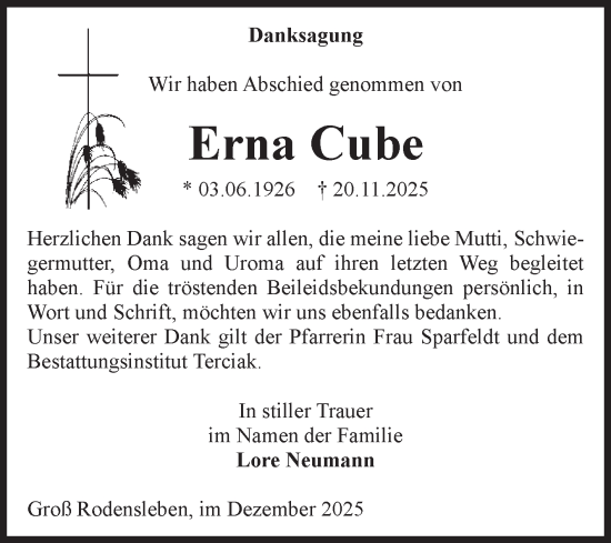 Traueranzeige von Erna Cube von Volksstimme Oschersleben/Wanzleben