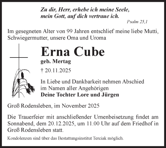 Traueranzeige von Erna Cube von Volksstimme Oschersleben/Wanzleben