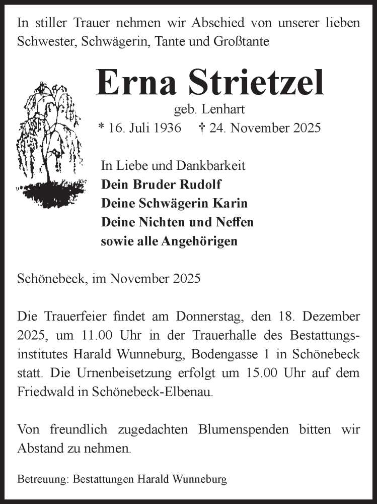  Traueranzeige für Erna Strietzel vom 13.12.2025 aus Volksstimme Schönebeck