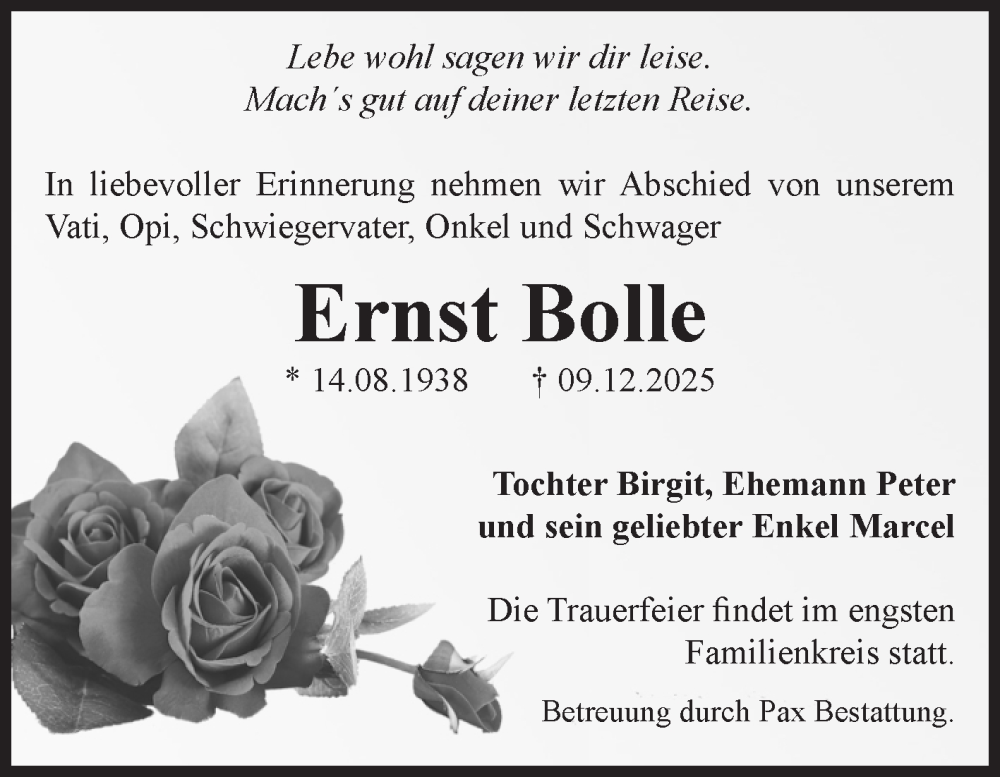  Traueranzeige für Ernst Bolle vom 20.12.2025 aus Volksstimme Burg/Genthin