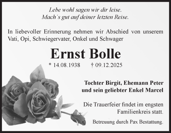 Traueranzeige von Ernst Bolle von Volksstimme Burg/Genthin