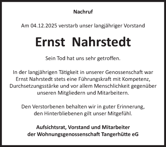 Traueranzeige von Ernst Nahrstedt von Volksstimme Altmark Ost