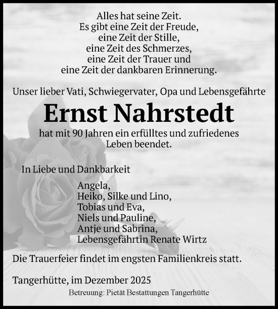 Traueranzeige von Ernst Nahrstedt von Volksstimme Altmark Ost