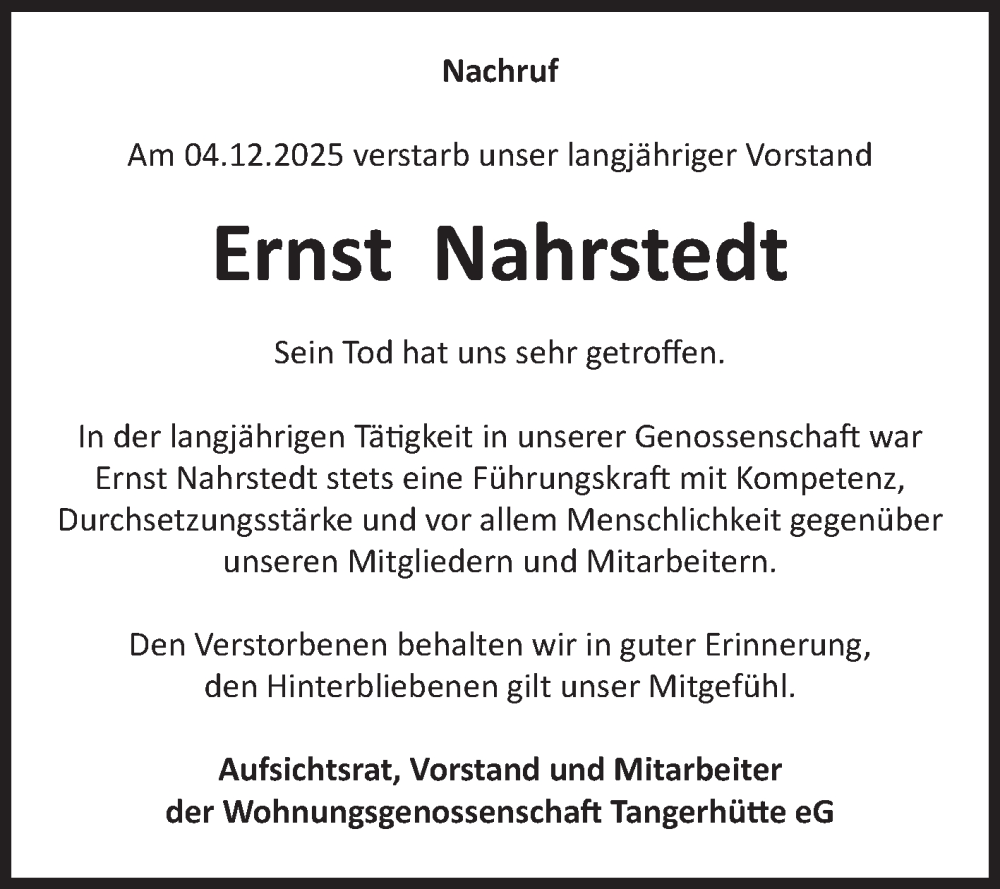  Traueranzeige für Ernst Nahrstedt vom 27.12.2025 aus Volksstimme Altmark Ost