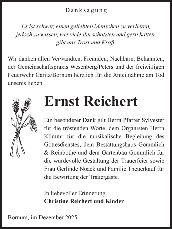Traueranzeige von Ernst Reichert von Volksstimme Zerbst