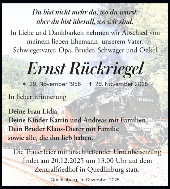 Traueranzeige von Ernst Rückriegel von Trauerkombi Quedlinburg