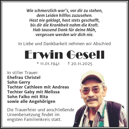 Traueranzeige von Erwin Gesell von Super Sonntag Naumburg/Nebra