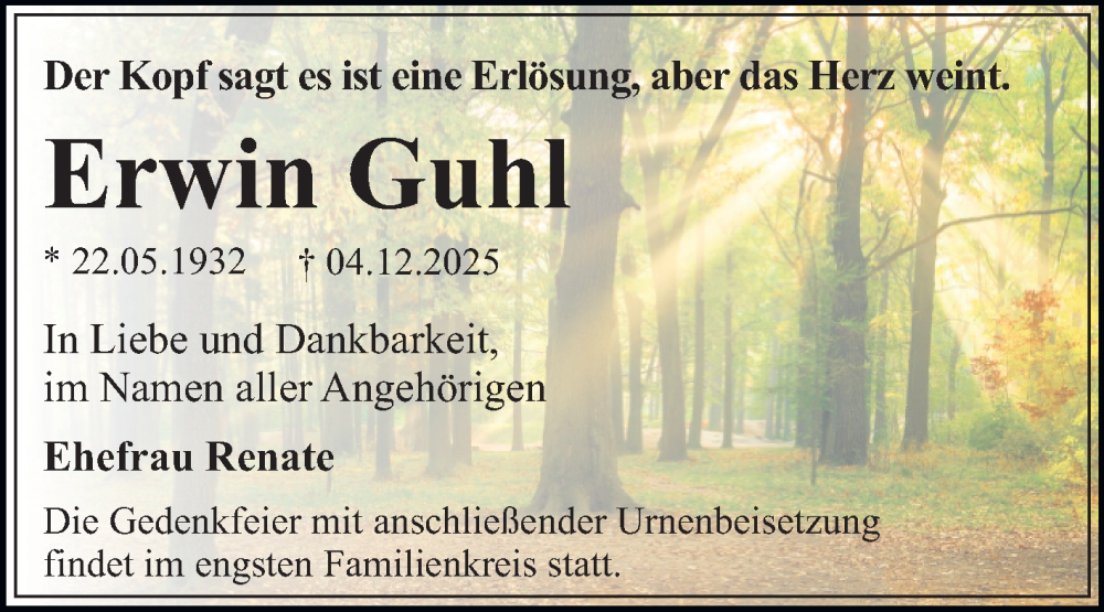  Traueranzeige für Erwin Guhl vom 13.12.2025 aus Trauerkombi Dessau