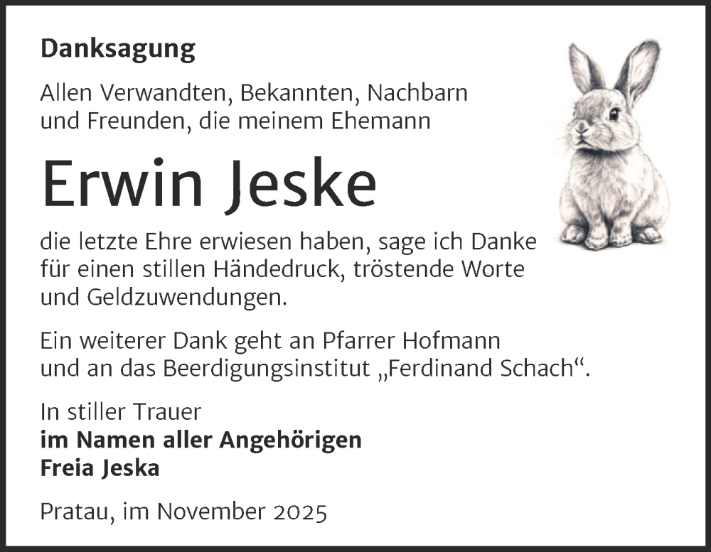  Traueranzeige für Erwin Jeske vom 29.11.2025 aus Trauerkombi Wittenberg