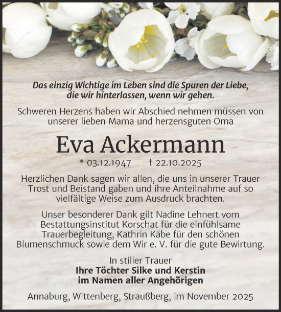 Traueranzeige von Eva Ackermann von Trauerkombi Wittenberg