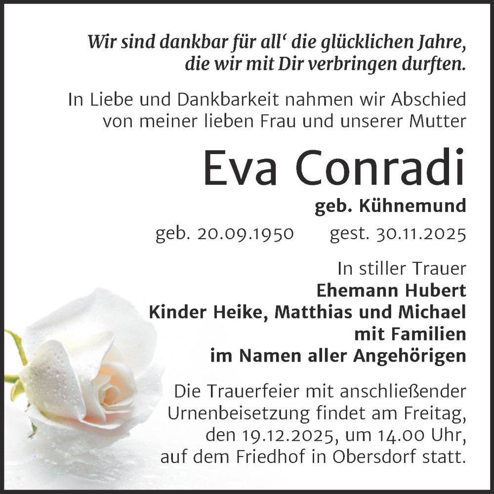  Traueranzeige für Eva Conradi vom 13.12.2025 aus Trauerkombi Sangerhausen