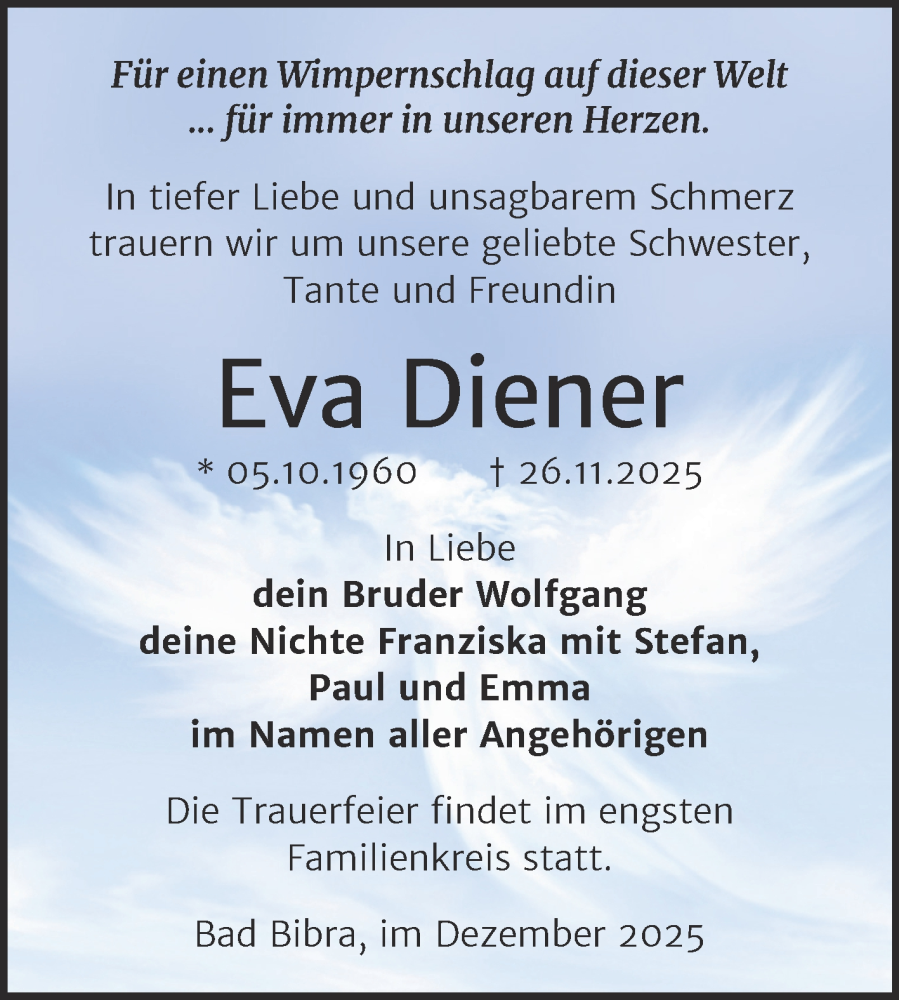  Traueranzeige für Eva Diener vom 06.12.2025 aus Super Sonntag Naumburg/Nebra