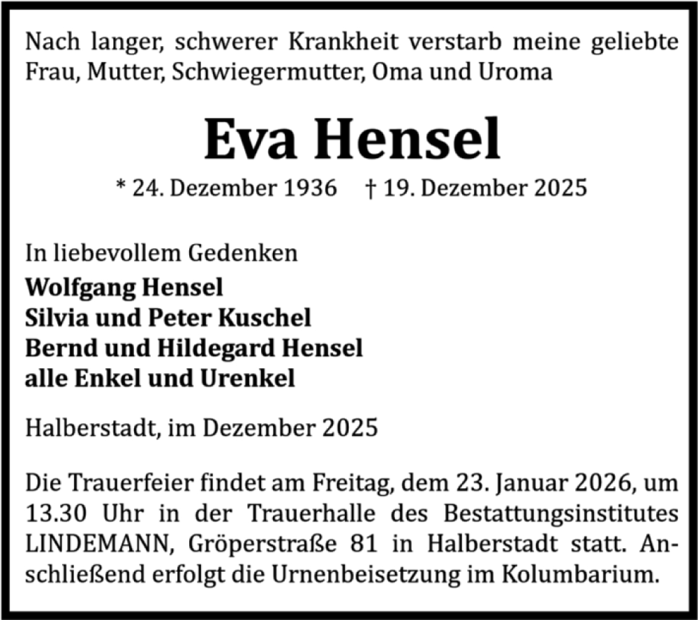  Traueranzeige für Eva Hensel vom 27.12.2025 aus Volksstimme Halberstadt