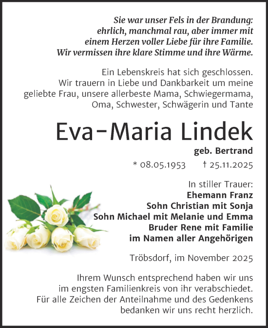 Traueranzeige von Eva-Maria Lindek von Super Sonntag Naumburg/Nebra