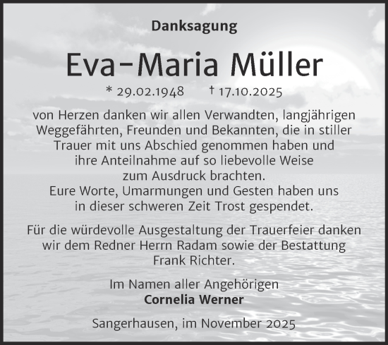 Traueranzeige von Eva-Maria Müller von Mitteldeutsche Zeitung Sangerhausen