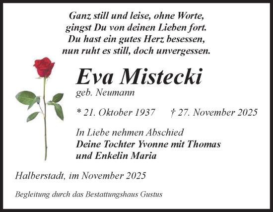 Traueranzeige von Eva Mistecki von Volksstimme Halberstadt