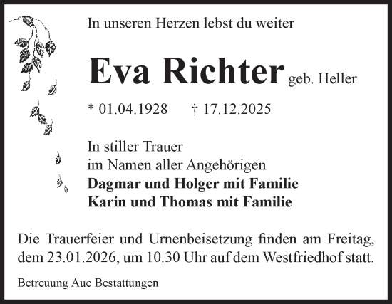 Traueranzeige von Eva Richter von Volksstimme Magdeburg