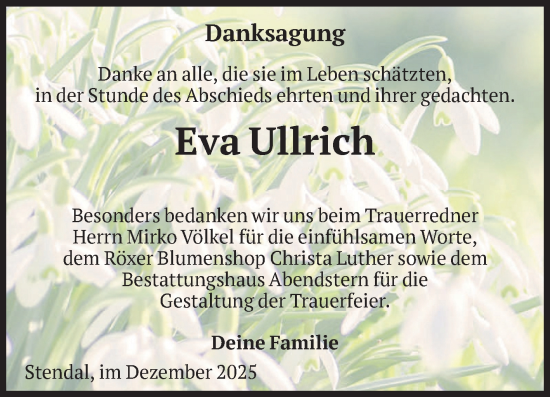 Traueranzeige von Eva Ullrich von Volksstimme Altmark Ost