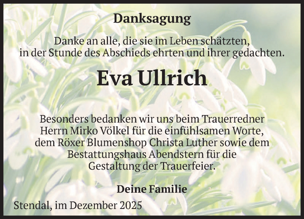  Traueranzeige für Eva Ullrich vom 06.12.2025 aus Volksstimme Altmark Ost