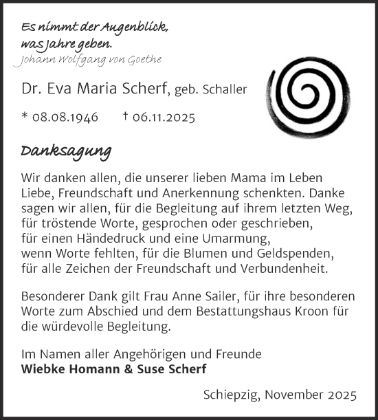 Traueranzeige von Eva Maria Scherf von Mitteldeutsche Zeitung Halle/Saalkreis
