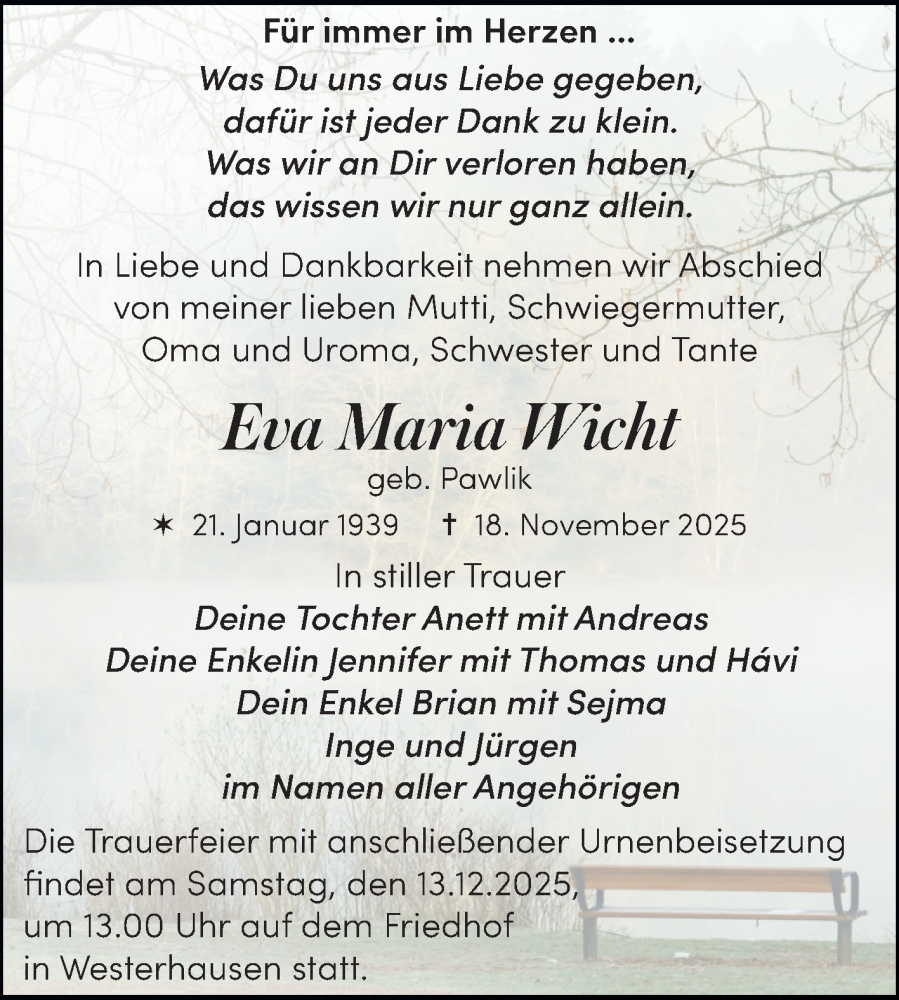  Traueranzeige für Eva Maria Wicht vom 29.11.2025 aus Trauerkombi Quedlinburg