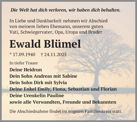 Traueranzeige von Ewald Blümel von Trauerkombi Zeitz