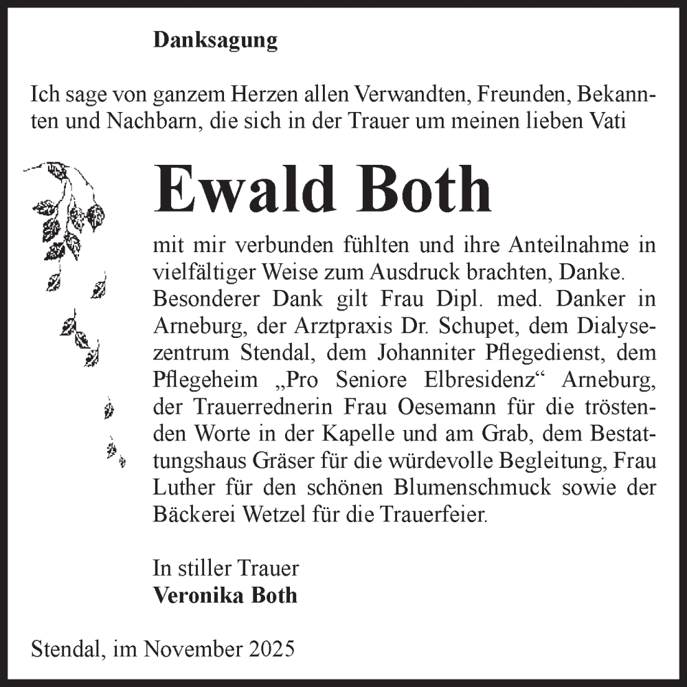  Traueranzeige für Ewald Both vom 29.11.2025 aus Volksstimme Altmark Ost